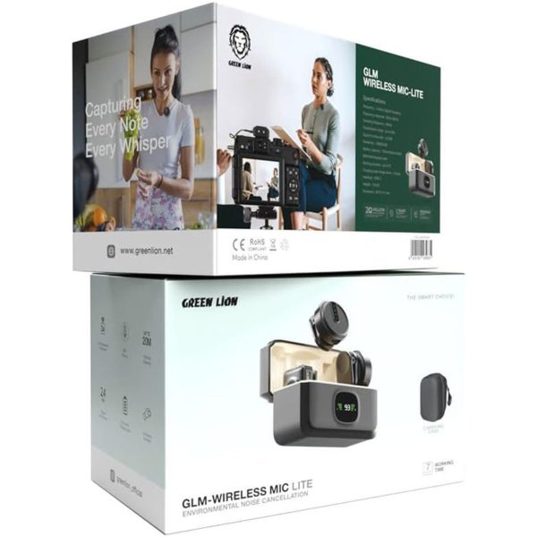 جعبه و محتویات میکروفن یقه ای بی سیم گرین لاین مدل GLM WIRELESS MIC LITE NEW شامل کیس شارژ دو میکروفن و گیرنده