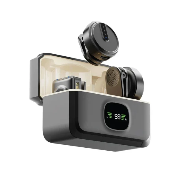 میکروفن بی سیم گرین لاین GLM متصل به دوربین عکاسی و لپ تاپ از طریق جک ۳.۵ میلی متری و USB