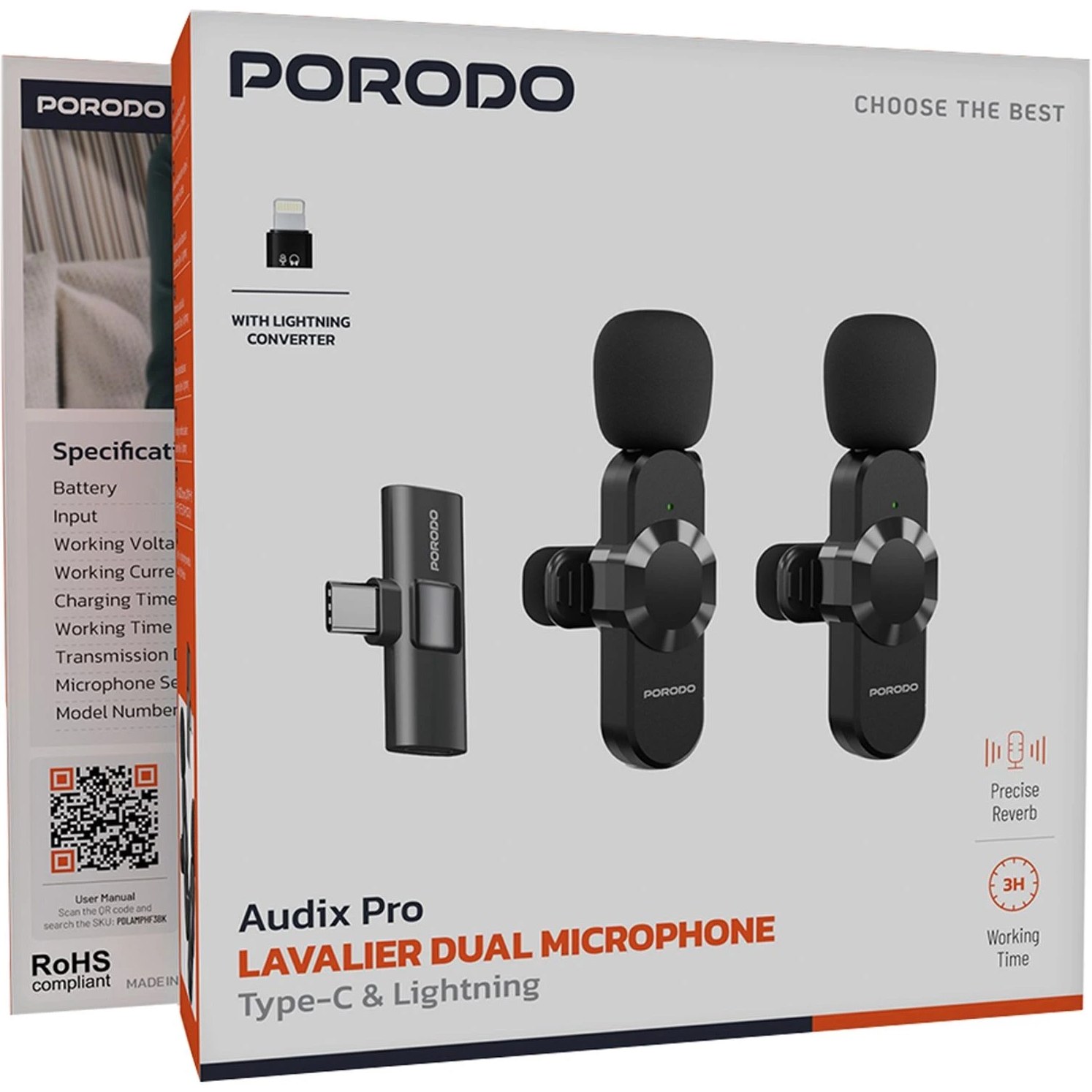 شارژ سریع و عمر باتری ۳ ساعته Porodo Audix Pro نمایش باتری ۴۰ میلیآمپرساعت و زمان کارکرد ۳ ساعته میکروفون پرودو Audix Pro Lavalier Dual با شارژ سریع یکساعته از طریق USB-C